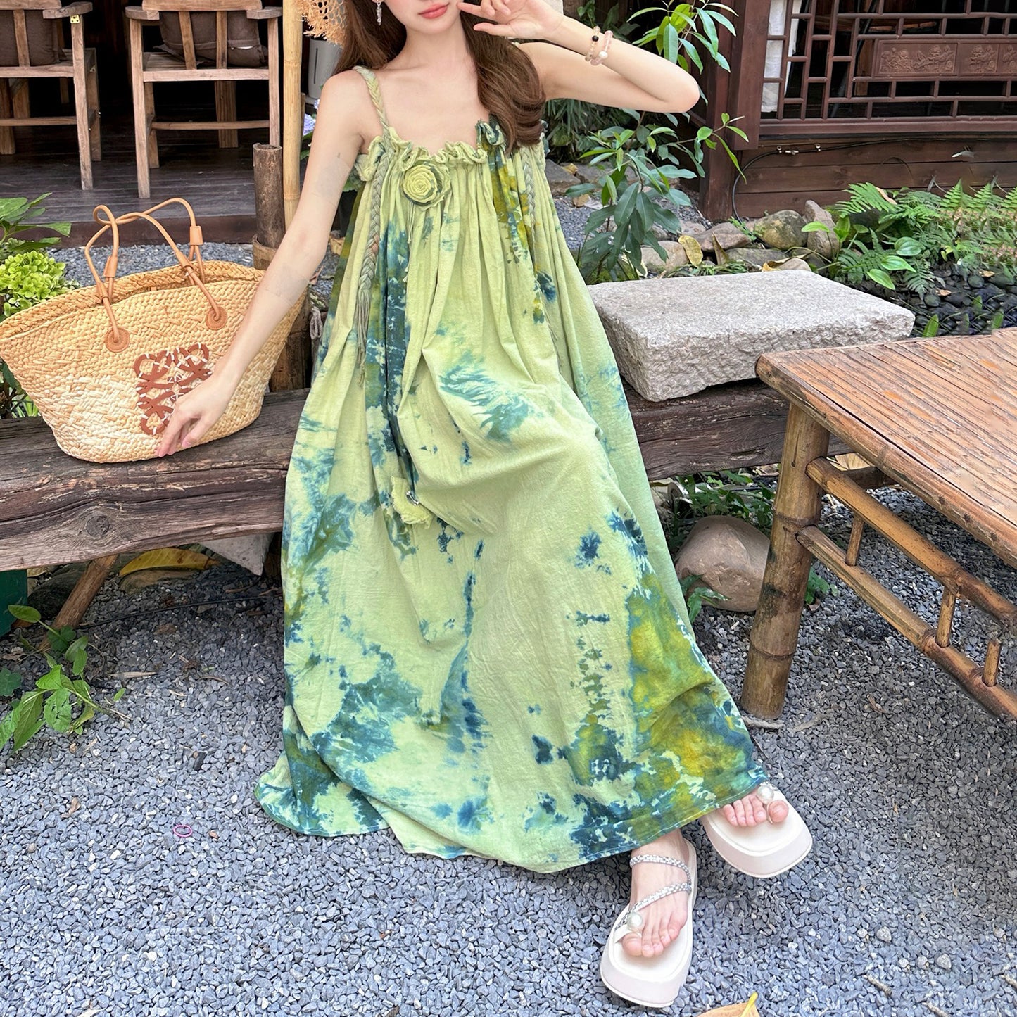 【ワンピース】水墨画風 グラデーションプリント ノースリーブワンピース 夏 大人可愛い 涼感 体型カバー リゾートワンピース【SHシリーズ】