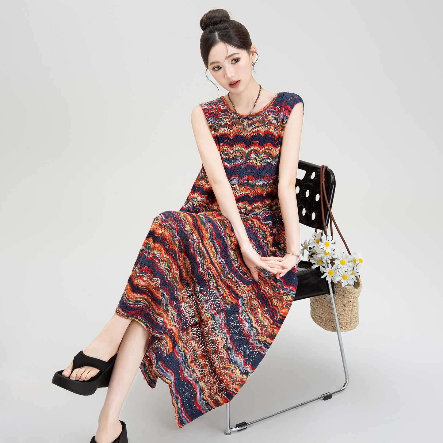 【ワンピース】夏新作 ストライプ柄 重ね着風 メッシュ切り替え バックスリット ゆったりノースリーブワンピース【SHシリーズ】