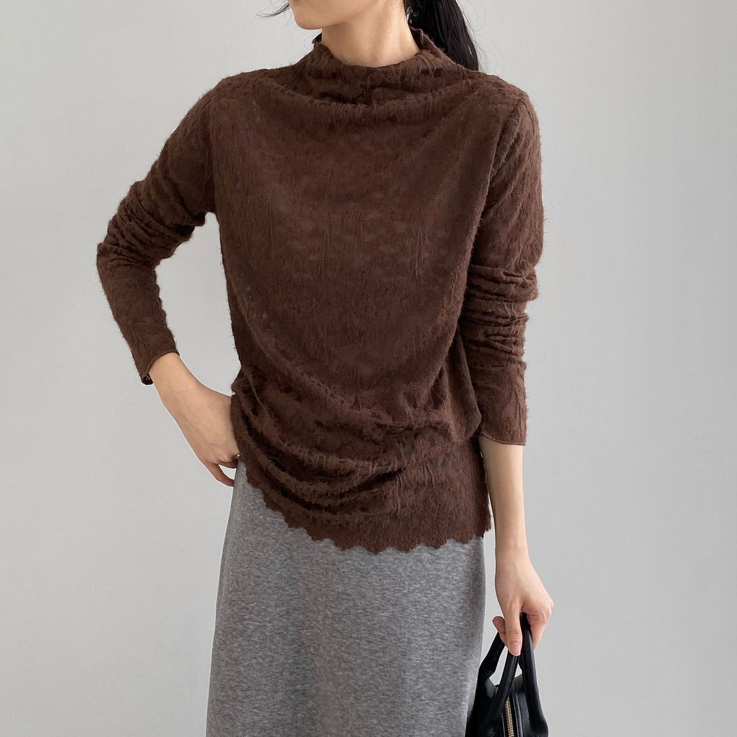 5カラー【トップス】韓国風オフィスカジュアル 大人可愛い レースインナー レディース ハーフハイネック テクスチャー感 Tシャツ【JZシリーズ】