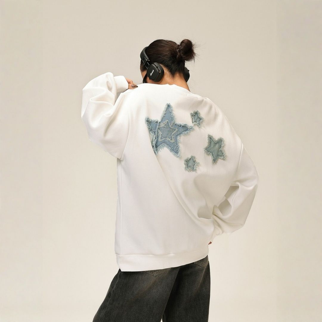 【トップス】星形ワッペン アメリカンヴィンテージ風 ゆったりシルエット ラウンドネック パーカー 【FCシリーズ】
