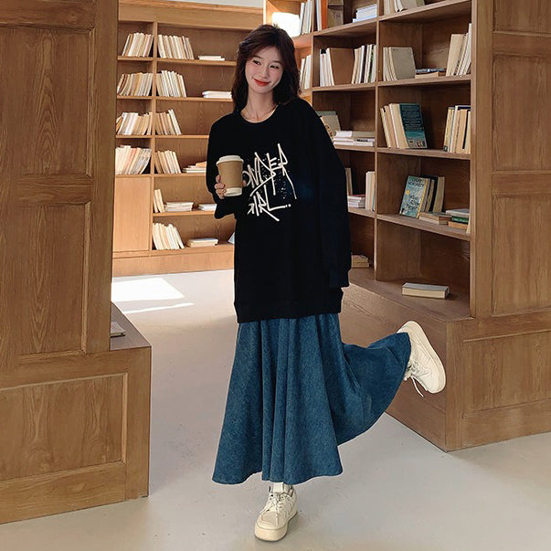 【ワンピース】レイヤード風 デニム切り替え 春秋 長袖ワンピース 爆売れ【JZシリーズ】