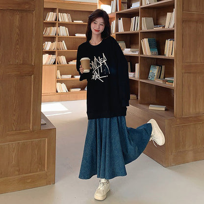 【ワンピース】レイヤード風 デニム切り替え 春秋 長袖ワンピース 爆売れ【JZシリーズ】