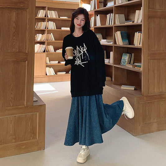 【ワンピース】レイヤード風 デニム切り替え 春秋 長袖ワンピース 爆売れ【JZシリーズ】