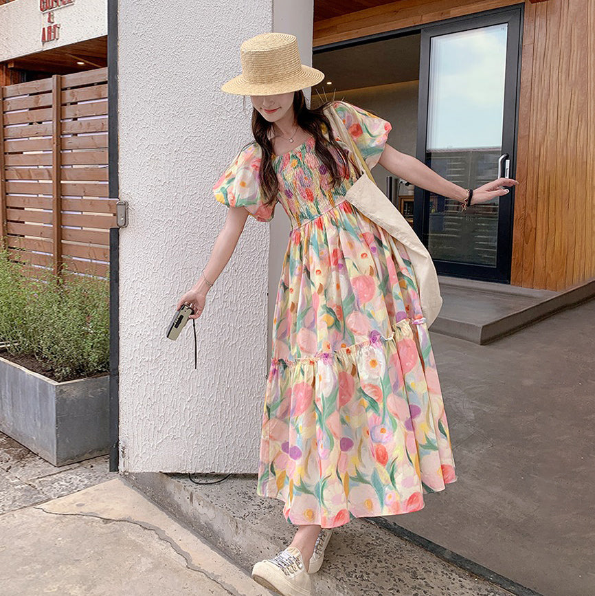 【ワンピース】夏新作 ドーパミン配色トレンド 小花柄 パフスリーブ 半袖ワンピース【SHシリーズ】
