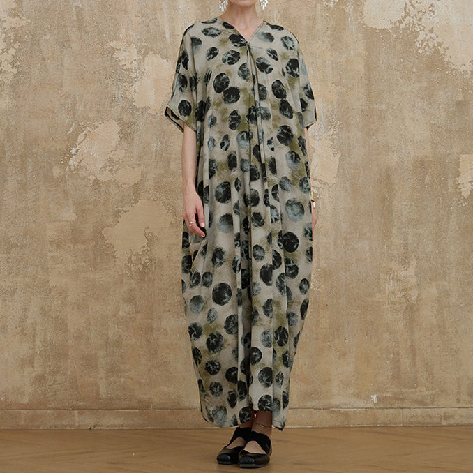 【ワンピース】ヴィンテージ風 ゆったり 大きめサイズ ロング丈 細見え 上品 半袖 ワンピース【SHシリーズ】