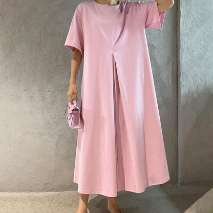 【ワンピース】🌸春夏 新作 韓国風 ラウンドネック 半袖 ワンピース ゆったり ロング丈 スリット入り レディース【JZシリーズ】