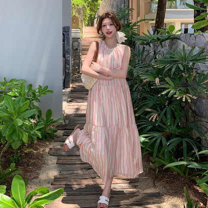 【ワンピース】夏 アート感 都市リゾート風 ピンクストライプ ノースリーブワンピース【SHシリーズ】