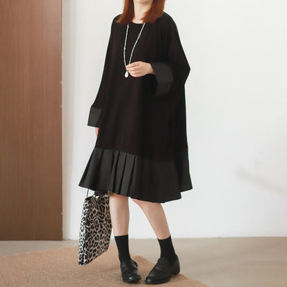 【ワンピース】香港風 クルーネック 切替 シャツ生地 大きめサイズ 長袖 ワンピース ビッグシルエット ゆったり【JZシリーズ】