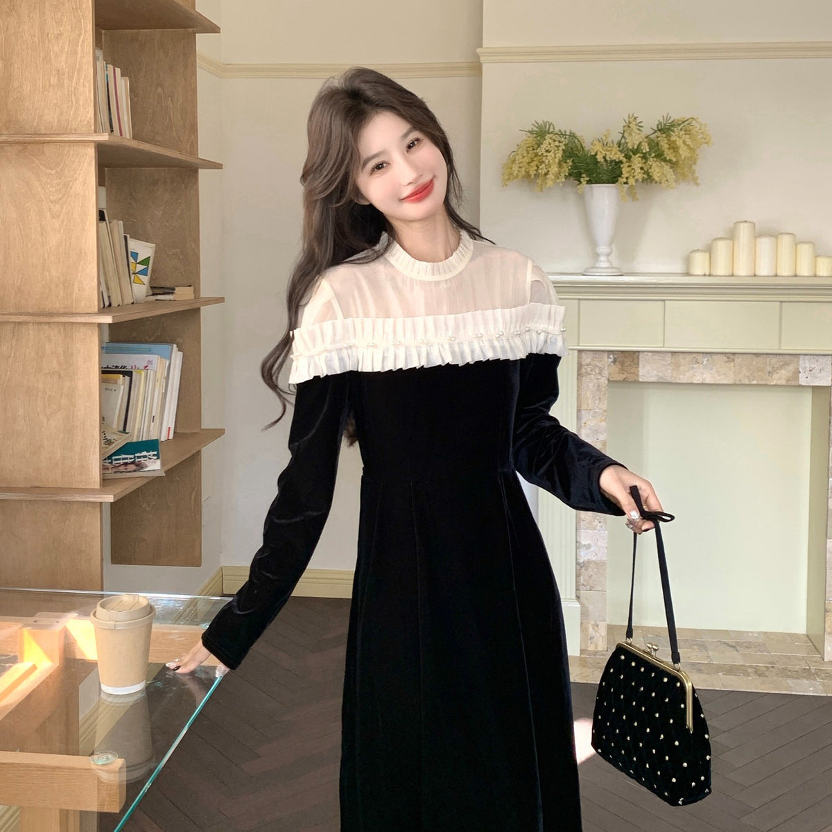 【ワンピース】フレンチシックベルベットロングワンピース レディース 春秋新作 ブラック フィットシルエット 上品 大人っぽい【JZシリーズ】
