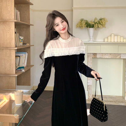 【ワンピース】フレンチシックベルベットロングワンピース レディース 春秋新作 ブラック フィットシルエット 上品 大人っぽい【JZシリーズ】