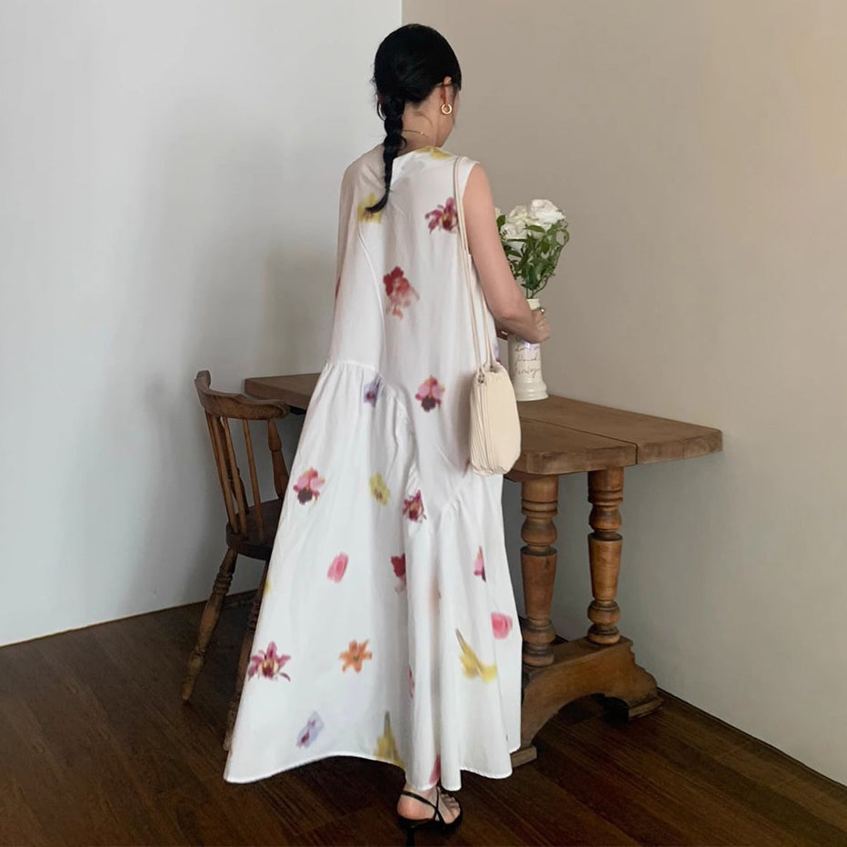 【ワンピース】リゾート風 油絵風アートプリント ノースリーブワンピース 夏新作 レトロ ゆったり フレアロングドレス レディース【SHシリーズ】