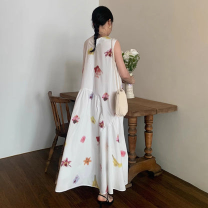 【ワンピース】リゾート風 油絵風アートプリント ノースリーブワンピース 夏新作 レトロ ゆったり フレアロングドレス レディース【SHシリーズ】
