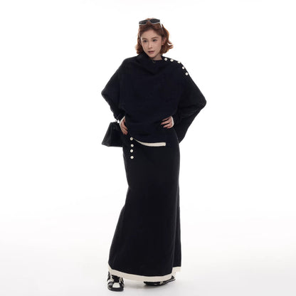 【単品注文】【セットアップ】不規則 配色切替 長袖ニット＋スカート 上下セット レディース 秋冬 韓国風 ゆったり ルーズ カジュアル【JZシリーズ】