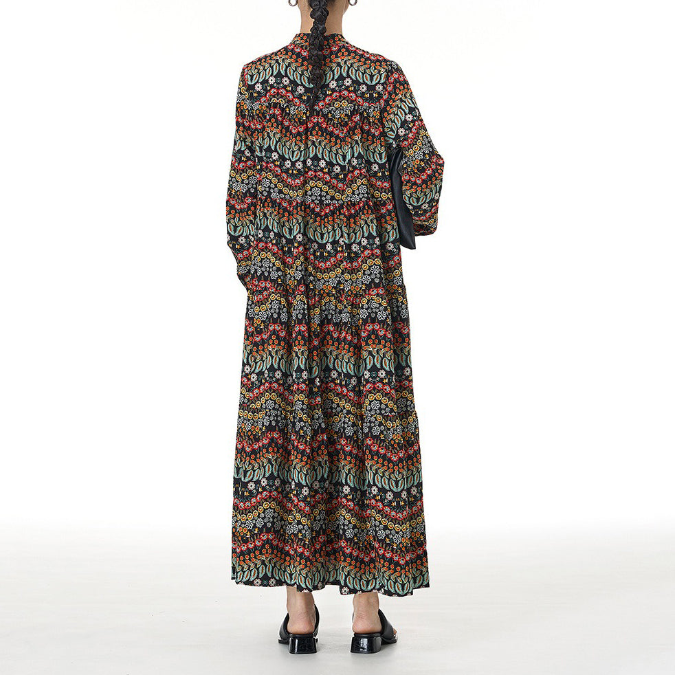 【ワンピース】ボヘミアン風 レトロ ティアードワンピース 春夏新作 大きいサイズ レディース ゆったり 長袖 体型カバー ロングワンピース【SHシリーズ】