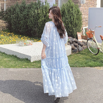 【ワンピース】ライトブルー 七分袖 小花柄 ワンピース レディース 夏 ロマンチック スイート系 フレアシルエット フェアリードレス【SHシリーズ】