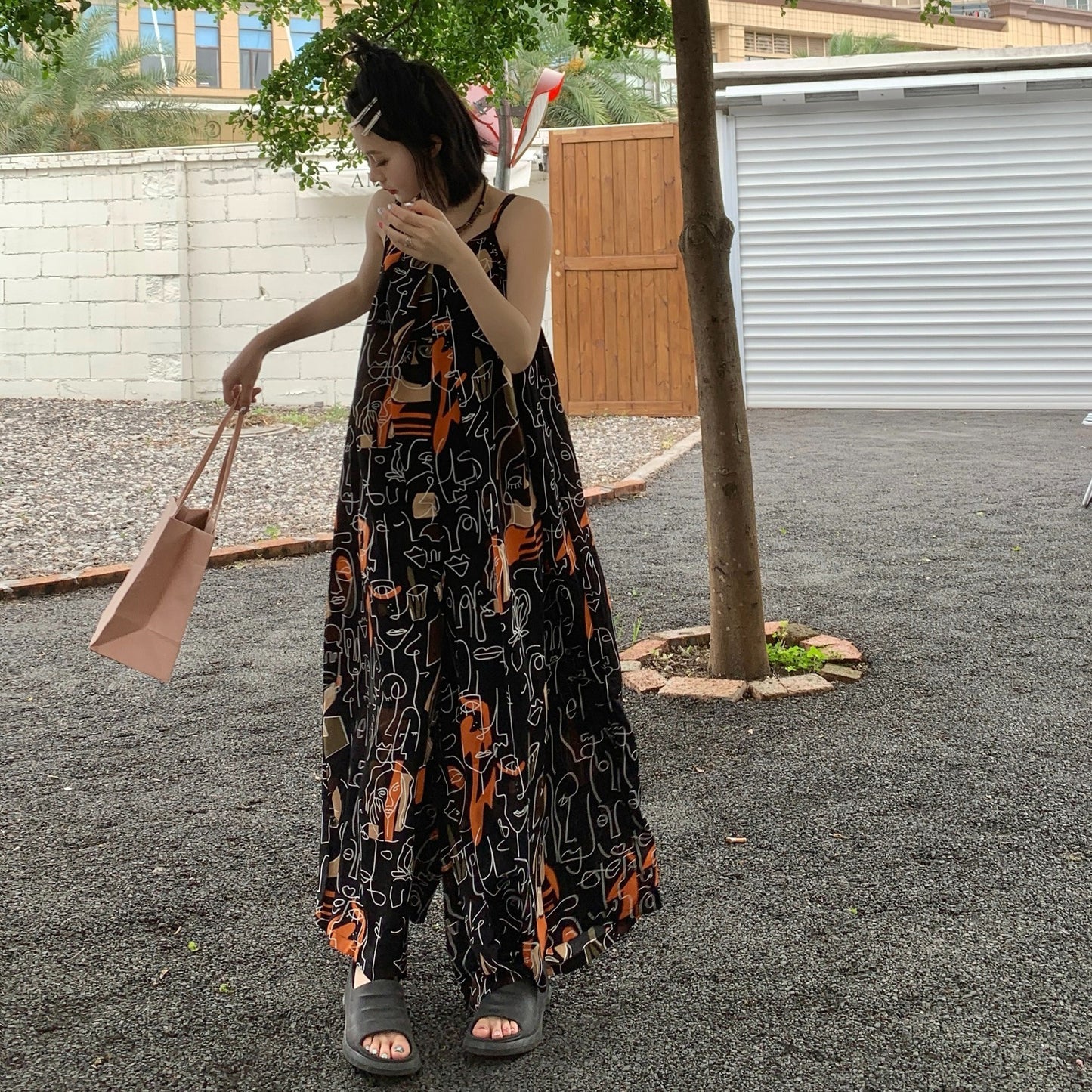 夏季藝術印花連身褲｜寬鬆oversize吊帶褲｜個性顯瘦休閒連體褲【SH系列】