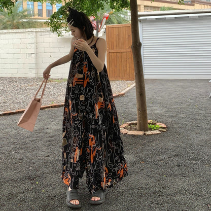夏季藝術印花連身褲｜寬鬆oversize吊帶褲｜個性顯瘦休閒連體褲【SH系列】