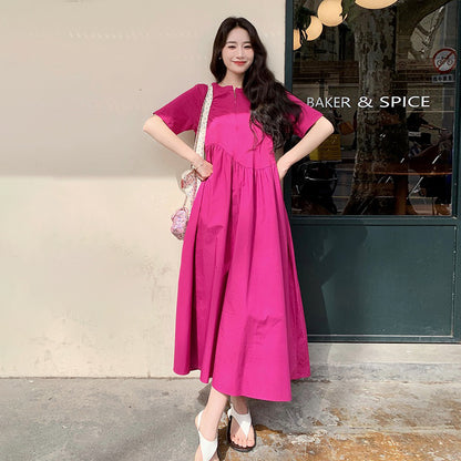 【ワンピース】魅力爆発 ドラゴンフルーツカラー切り替え 半袖ワンピース 若見え おしゃれ感満点