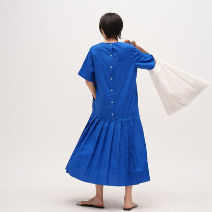 【ワンピース】クラインブルー  ラウンドネック 半袖ワンピース 夏用 薄手 大きいサイズ レトロロングドレス【JZシリーズ】