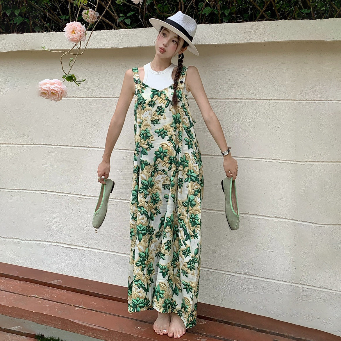 【ボトムス】フレンチリゾート風 夏 Vネック 清涼感 オールインワン【SHシリーズ】