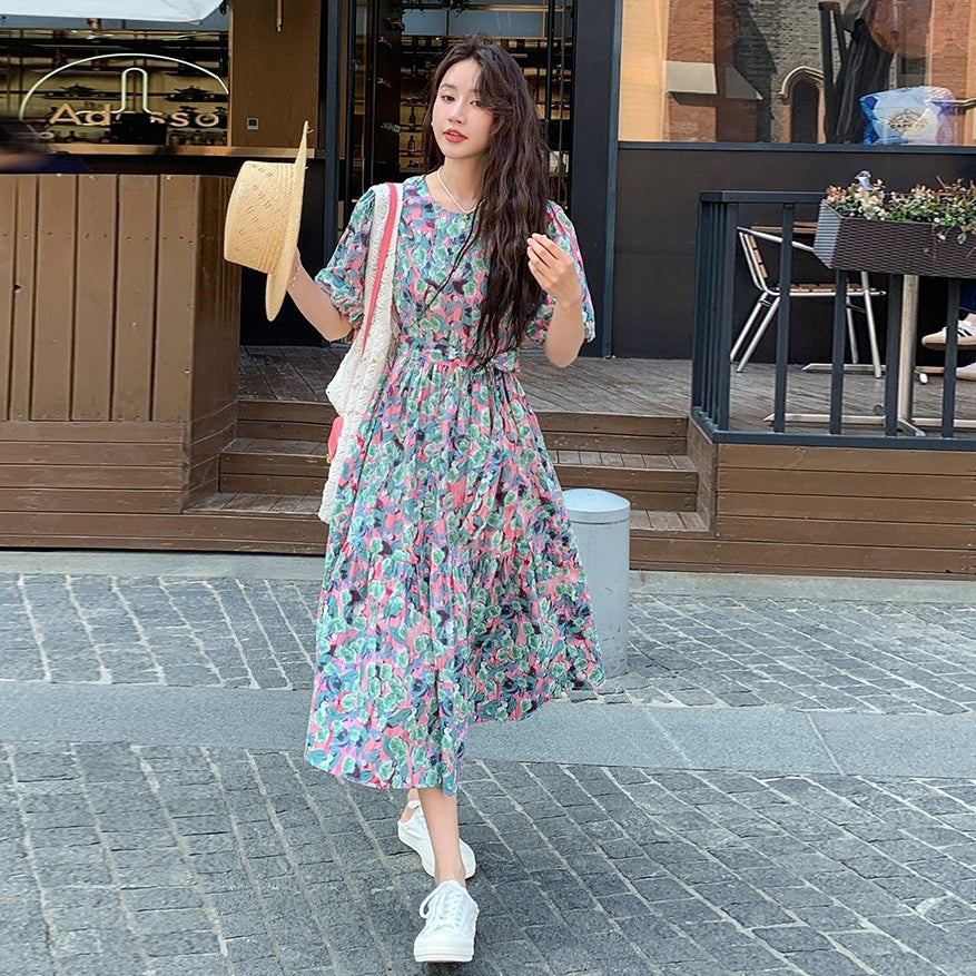 【ワンピース】アート風 花柄 半袖ワンピース レディース  夏 ロマンチック パフスリーブ ロング丈【SHシリーズ】