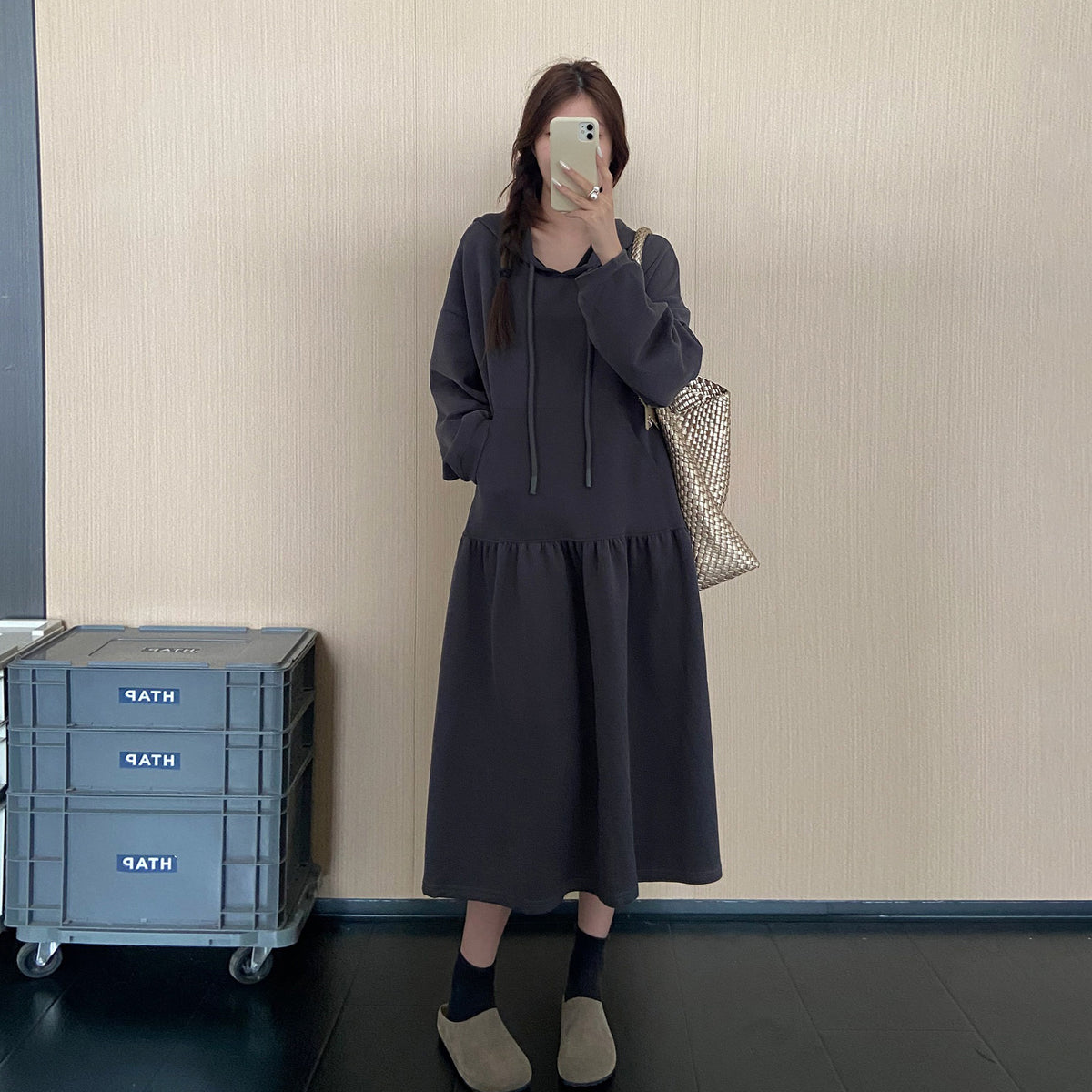 【ワンピース】フード付き配色切替スウェットワンピース レディース 秋冬新作 大きいサイズ ゆったり 体型カバー【JZシリーズ】