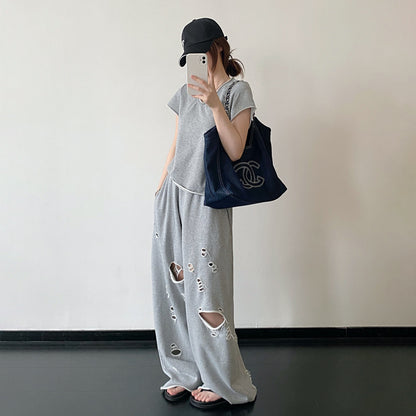 【セットアップ】【単品注文】春夏 半袖Tシャツ＋ワイドパンツ 上下セット グレー ルーズフィット ダメージ風 カジュアル スポーツミックス リラックスコーデ【FCシリーズ】