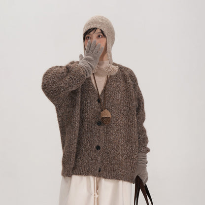 【アウター】秋らしいヘーゼルブラウンカラー♡ ミックス糸Vネックカーディガン ゆったりシルエットで大人可愛い雰囲気【JZシリーズ】【25~30日内発送】