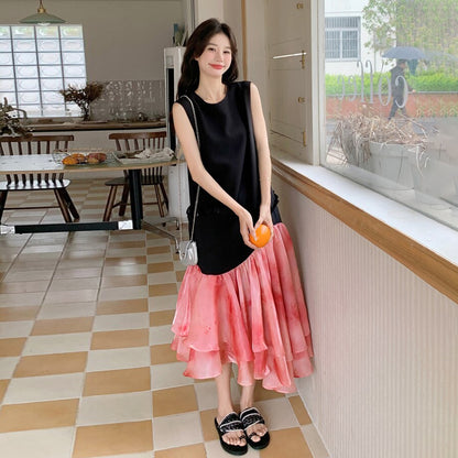 【ワンピース】高見え ノースリーブ花柄切替ワンピース トレンド感ある上品な美シルエット【SHシリーズ】