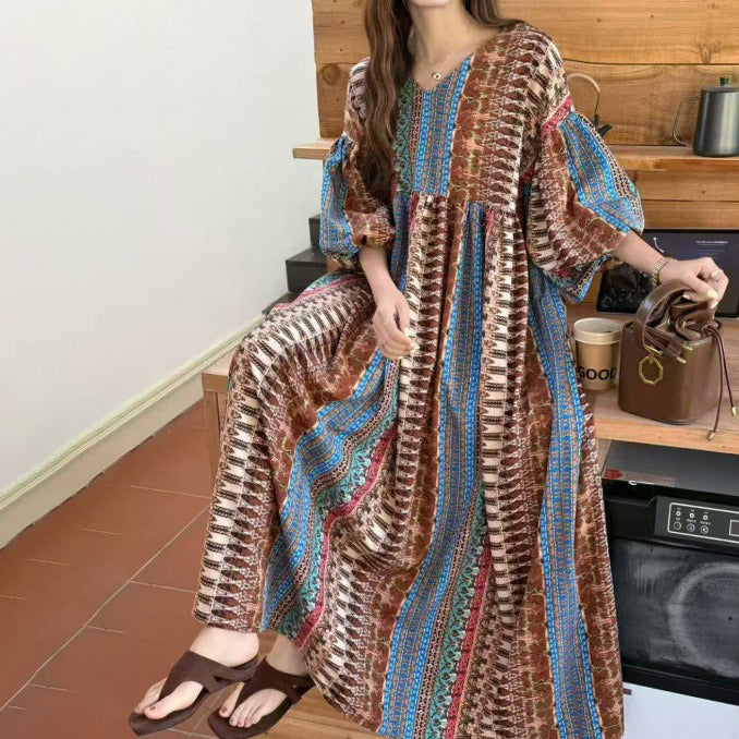 【ワンピース】ゆったり バルーンスリーブ エスニック風 半袖 ロングワンピース 大きいサイズ レディース【SHシリーズ】