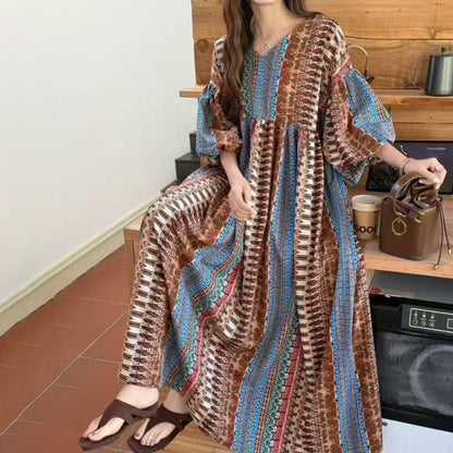 【ワンピース】ゆったり バルーンスリーブ エスニック風 半袖 ロングワンピース 大きいサイズ レディース【SHシリーズ】