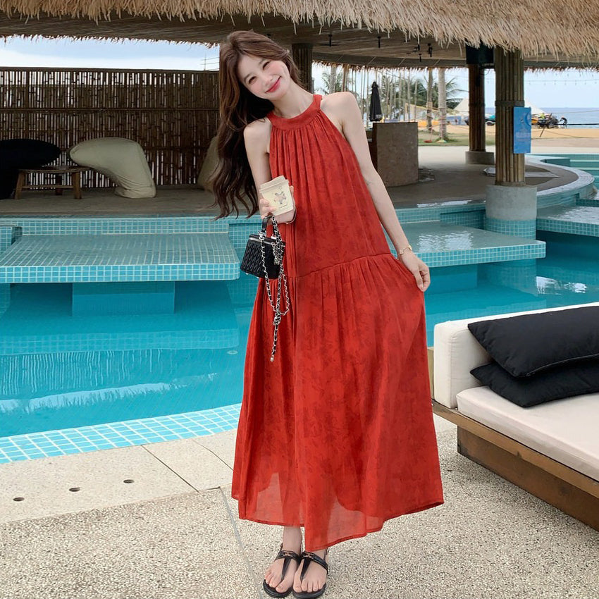 【ワンピース】夏新作 レッド ジャガード ホルターネック ワンピース オリエンタル レトロ 海辺 リゾート ロング丈【SHシリーズ】