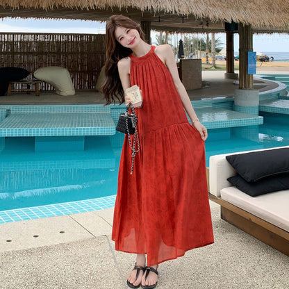 【ワンピース】夏新作 レッド ジャガード ホルターネック ワンピース オリエンタル レトロ 海辺 リゾート ロング丈【SHシリーズ】