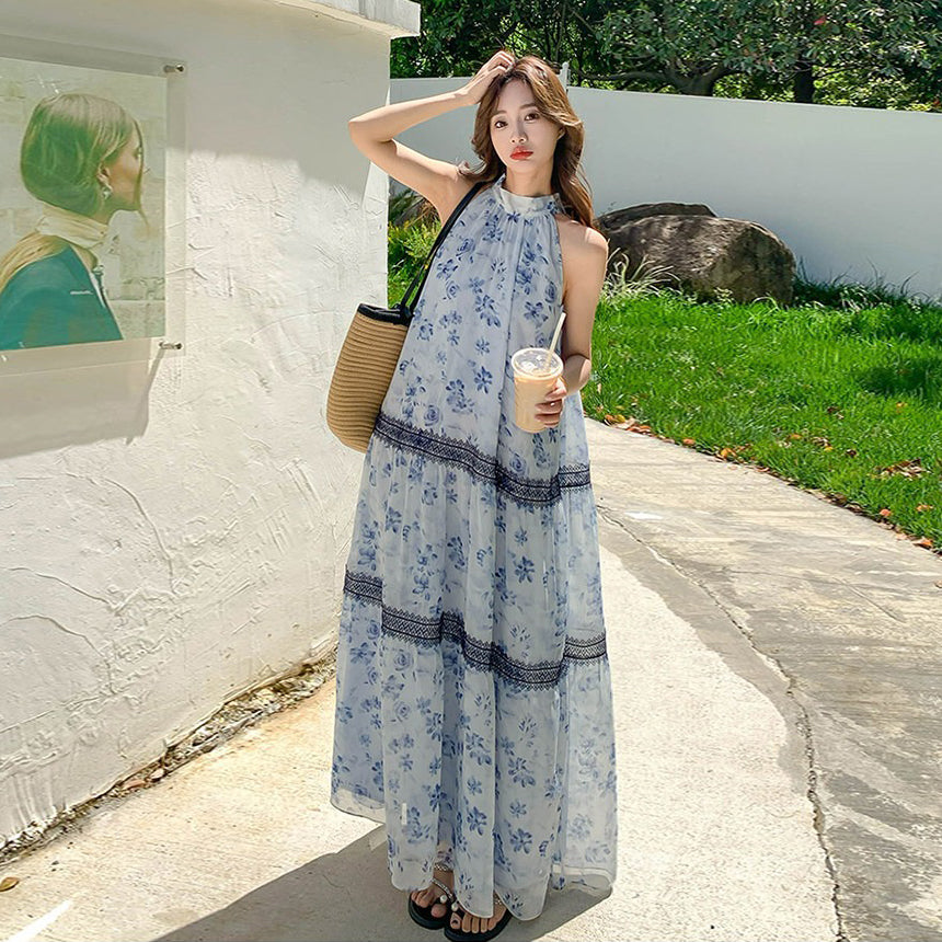 【ワンピース】ボヘミアン風 花柄シフォンワンピース レディース 夏新作 ホルターネック ノースリーブ ロング丈 マキシ丈 体型カバー リゾートワンピ【SHシリーズ】