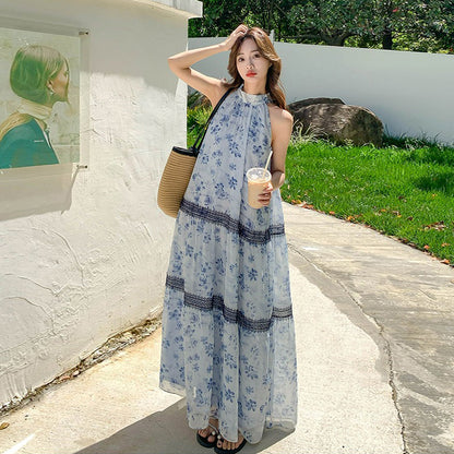 【ワンピース】ボヘミアン風 花柄シフォンワンピース レディース 夏新作 ホルターネック ノースリーブ ロング丈 マキシ丈 体型カバー リゾートワンピ【SHシリーズ】
