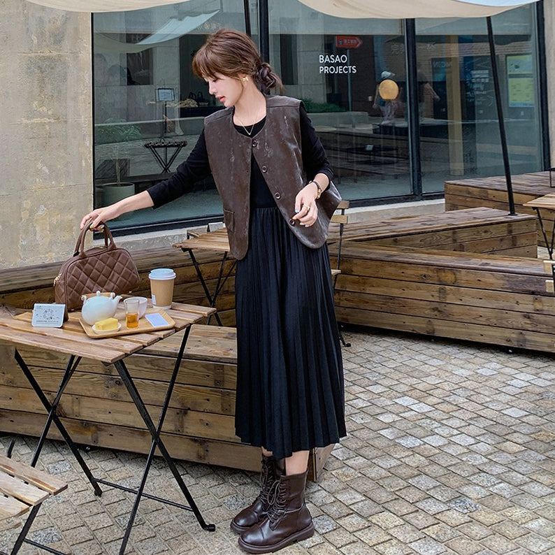 2点セット！【セットアップ】フレンチデザイン プリーツワンピース＋ベスト セット 秋新作 大人カジュアル ファッションコーデ【JZシリーズ】