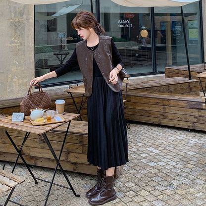 2点セット！【セットアップ】フレンチデザイン プリーツワンピース＋ベスト セット 秋新作 大人カジュアル ファッションコーデ【JZシリーズ】