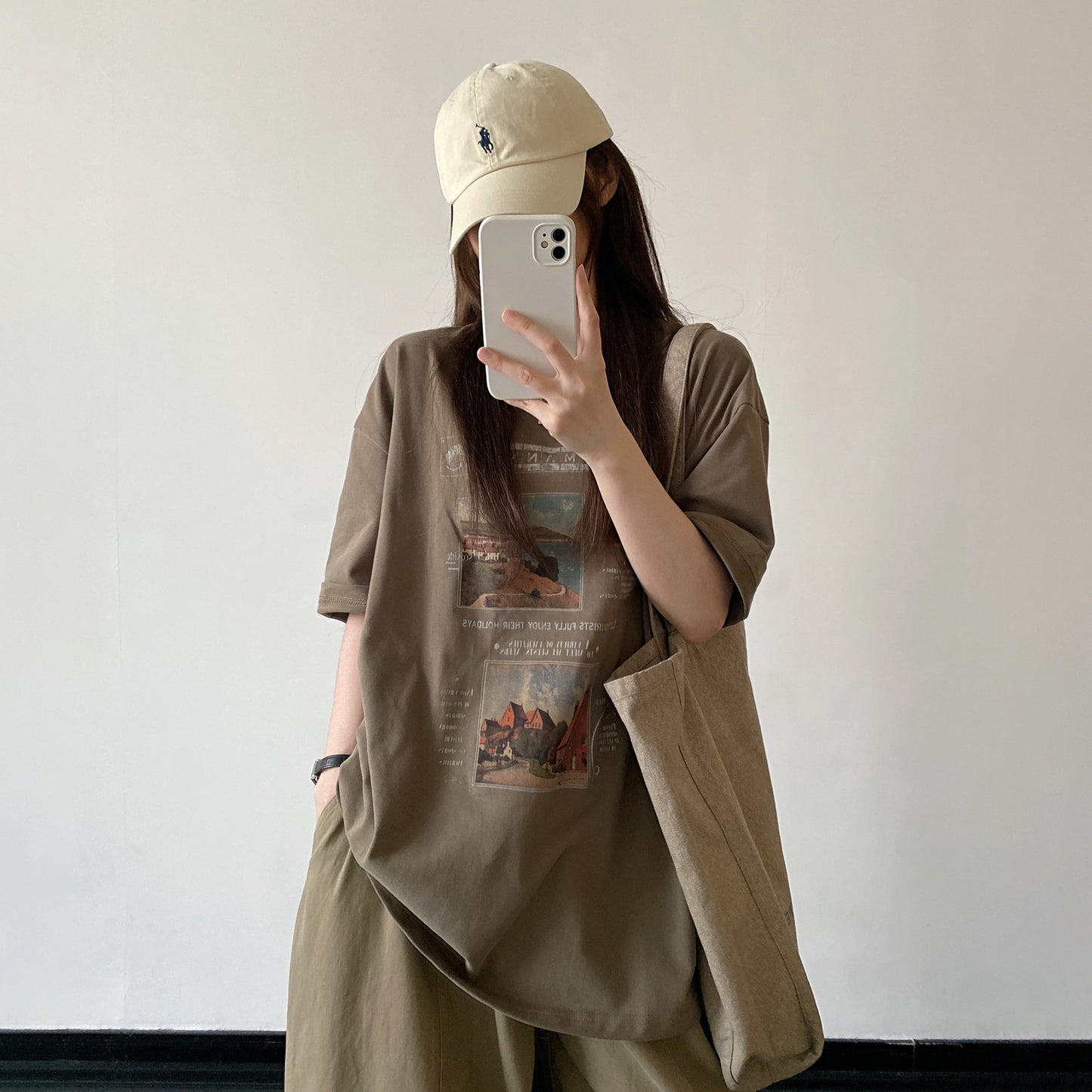 【トップス】ブラウン系 アートプリント 半袖Tシャツ コットン ゆったりシルエット ナチュラル カジュアル トップス【FCシリーズ】