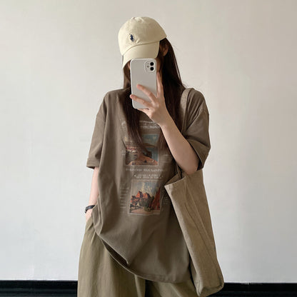 【トップス】ブラウン系 アートプリント 半袖Tシャツ コットン ゆったりシルエット ナチュラル カジュアル トップス【FCシリーズ】