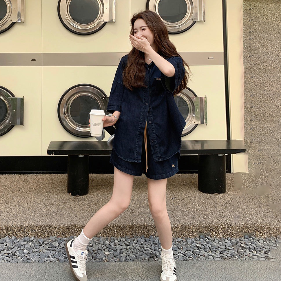 2点セット！【セットアップ】レトロデニムシャツ＆ワイドショートパンツ 上下セット 大人カッコいい＆若見えスタイル【JZシリーズ】