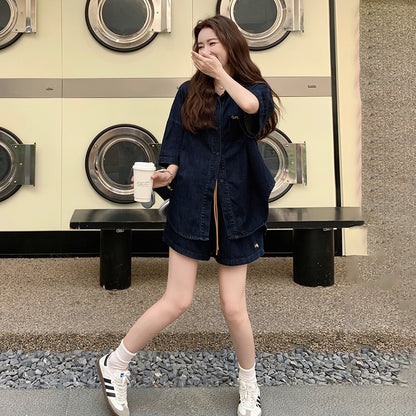 2点セット！【セットアップ】レトロデニムシャツ＆ワイドショートパンツ 上下セット 大人カッコいい＆若見えスタイル【JZシリーズ】