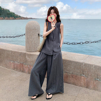 2点セット！【セットアップ】夏 韓国風 通勤 高級感 ジレ＋ワイドパンツ 上下セット【SNシリーズ】【JZシリーズ】