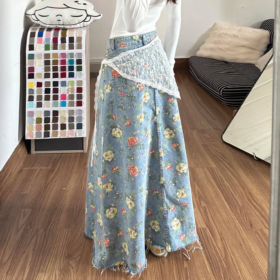 【ボトムス】花柄 アメリカンガール デザイン感 総柄フラワー デニムスカート ヴィンテージ ロング丈 着痩せ レディース【SHシリーズ】