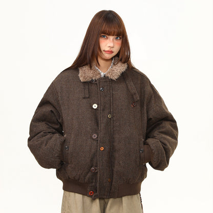 【アウター】ファー襟付き 中綿ジャケット バーン風 アメリカンヴィンテージ ボタン レディース 冬 綿入れコート【FCシリーズ】