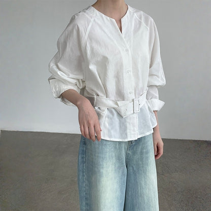 【トップス】ウエストシェイプ Vネック 通勤スタイル リボン付き シャツ 【JZシリーズ】