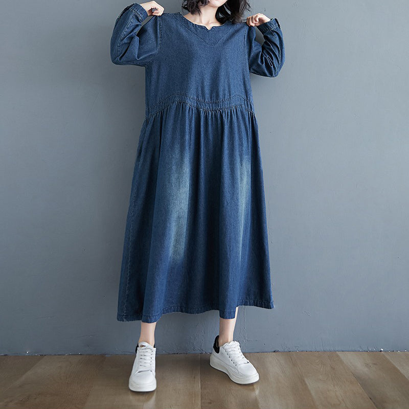 【ワンピース】大きいサイズ デニムワンピ 長袖 レディース 春秋コーデ ゆったり ロング丈 カジュアル 上品【JZシリーズ】