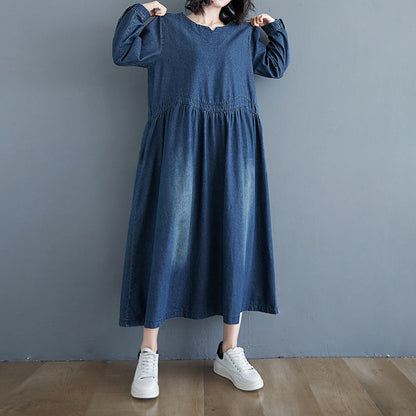 【ワンピース】大きいサイズ デニムワンピ 長袖 レディース 春秋コーデ ゆったり ロング丈 カジュアル 上品【JZシリーズ】