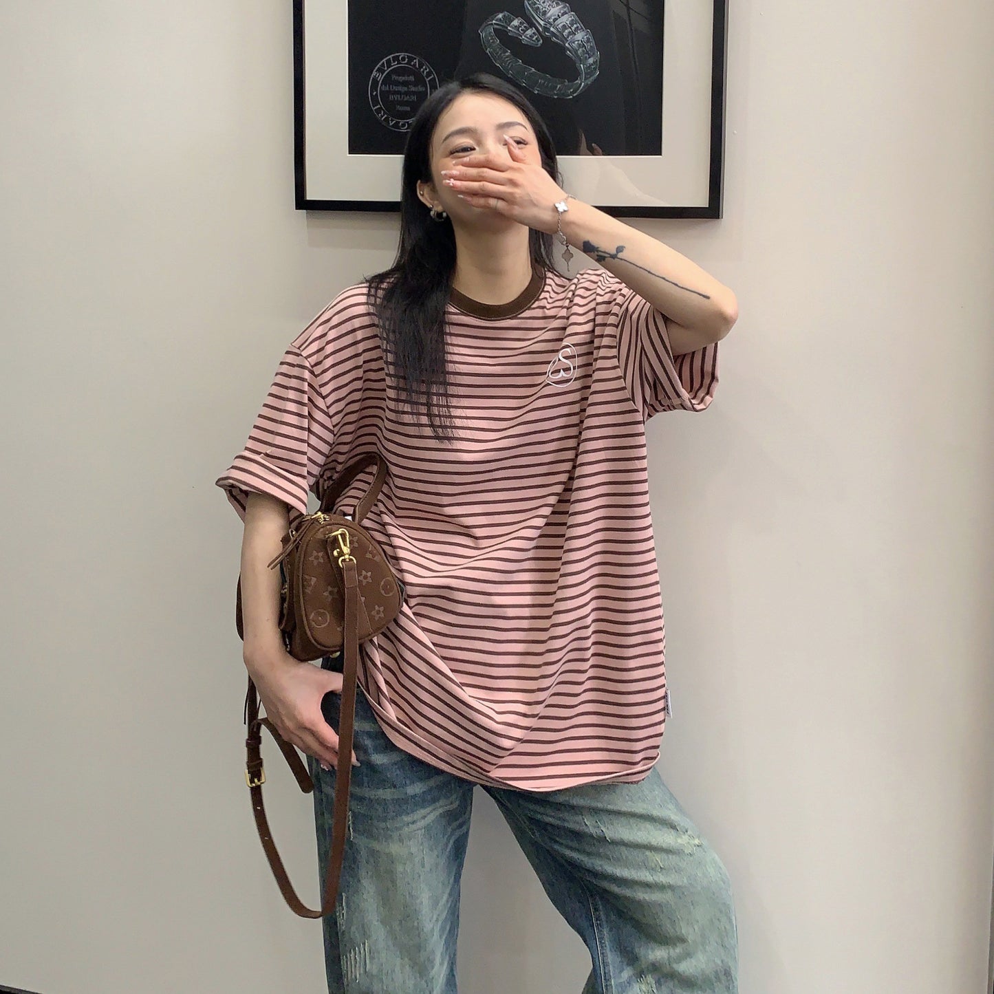 【トップス】レトロ風 ボーダーTシャツ レディース 半袖 オーバーサイズ ゆったりシルエット アメリカンカジュアル【FCシリーズ】