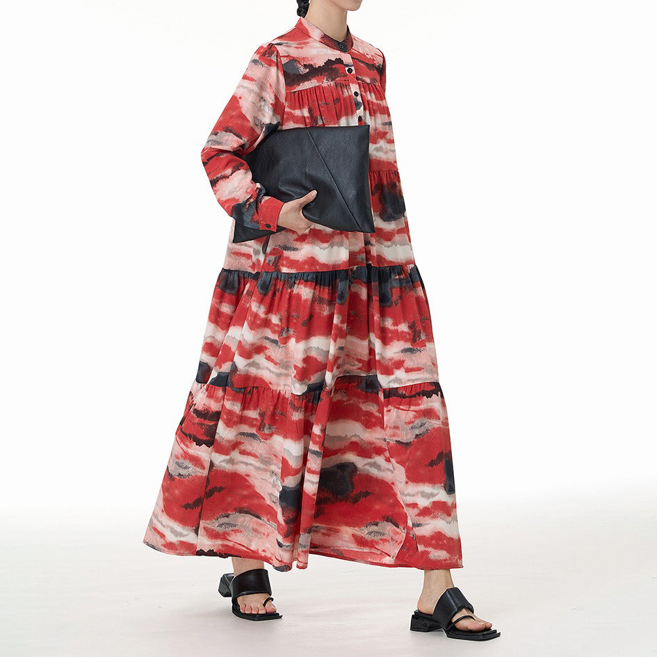 【ワンピース】ヴィンテージ風 ティアードワンピース 春夏新作 大きいサイズ レディース ルーズシルエット 長袖 着痩せ効果 バカンス・お出かけ向け ロングワンピース【SHシリーズ】