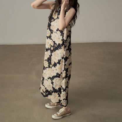 【ワンピース】フレンチレトロ 刺繍プリント 気質キャミワンピース ミモレ丈 ノースリーブワンピース【SHシリーズ】【JZシリーズ】